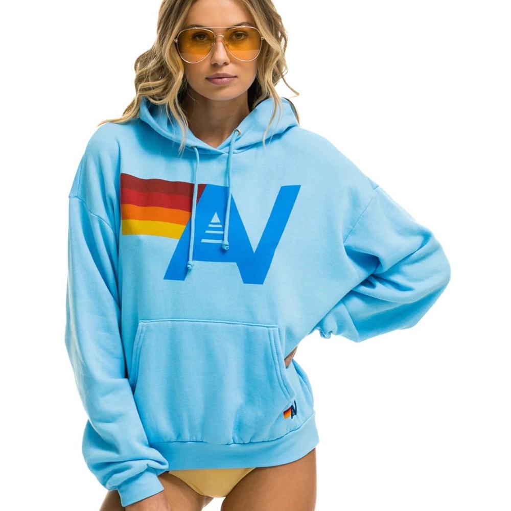 Aviator Nation Logo Relaxed Pullover Hoodie Sky Blue Large Unisex Women Men GUC